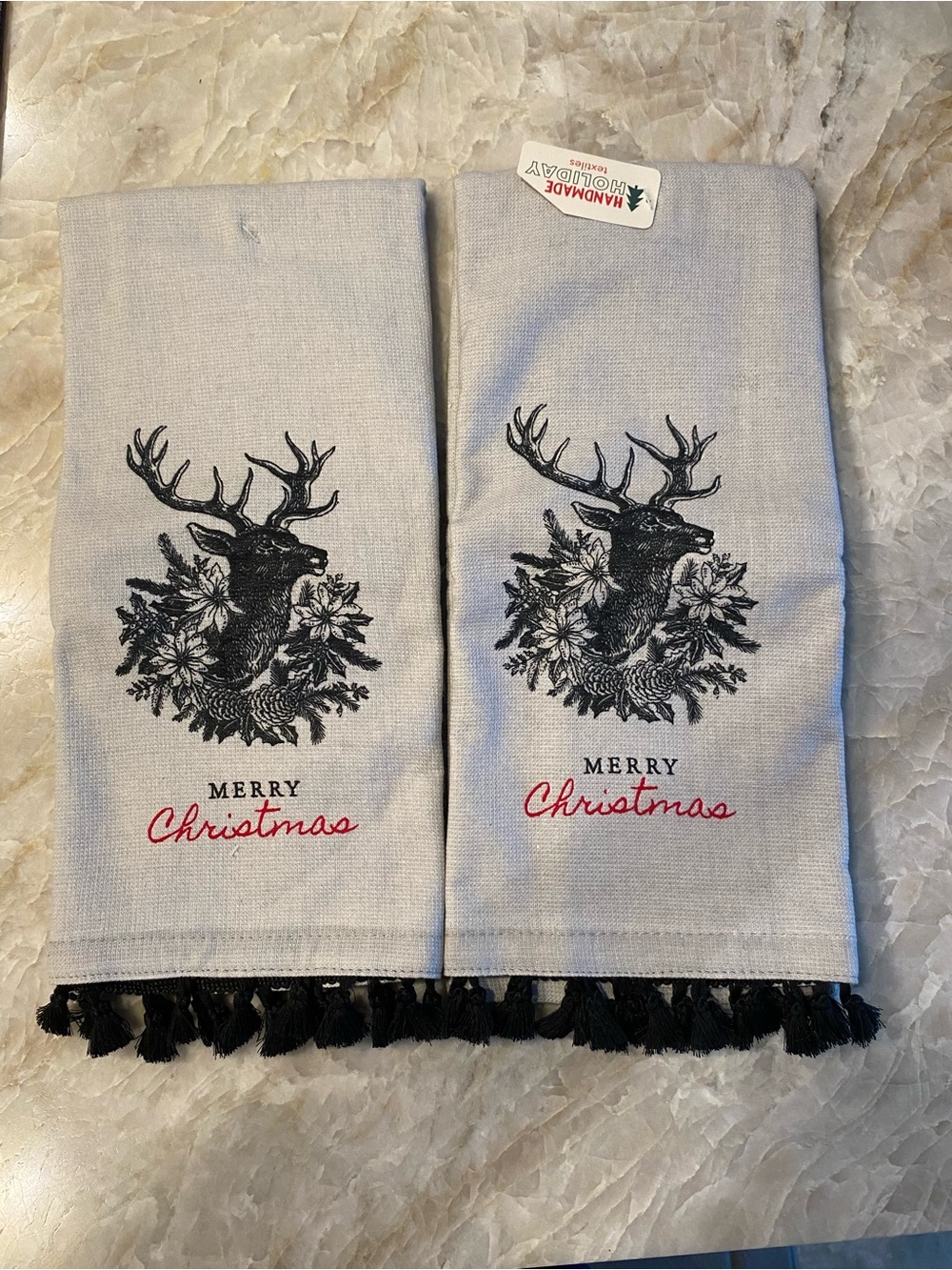 Merry Christmas Reindeer Kitchen Towels in Cream and Black